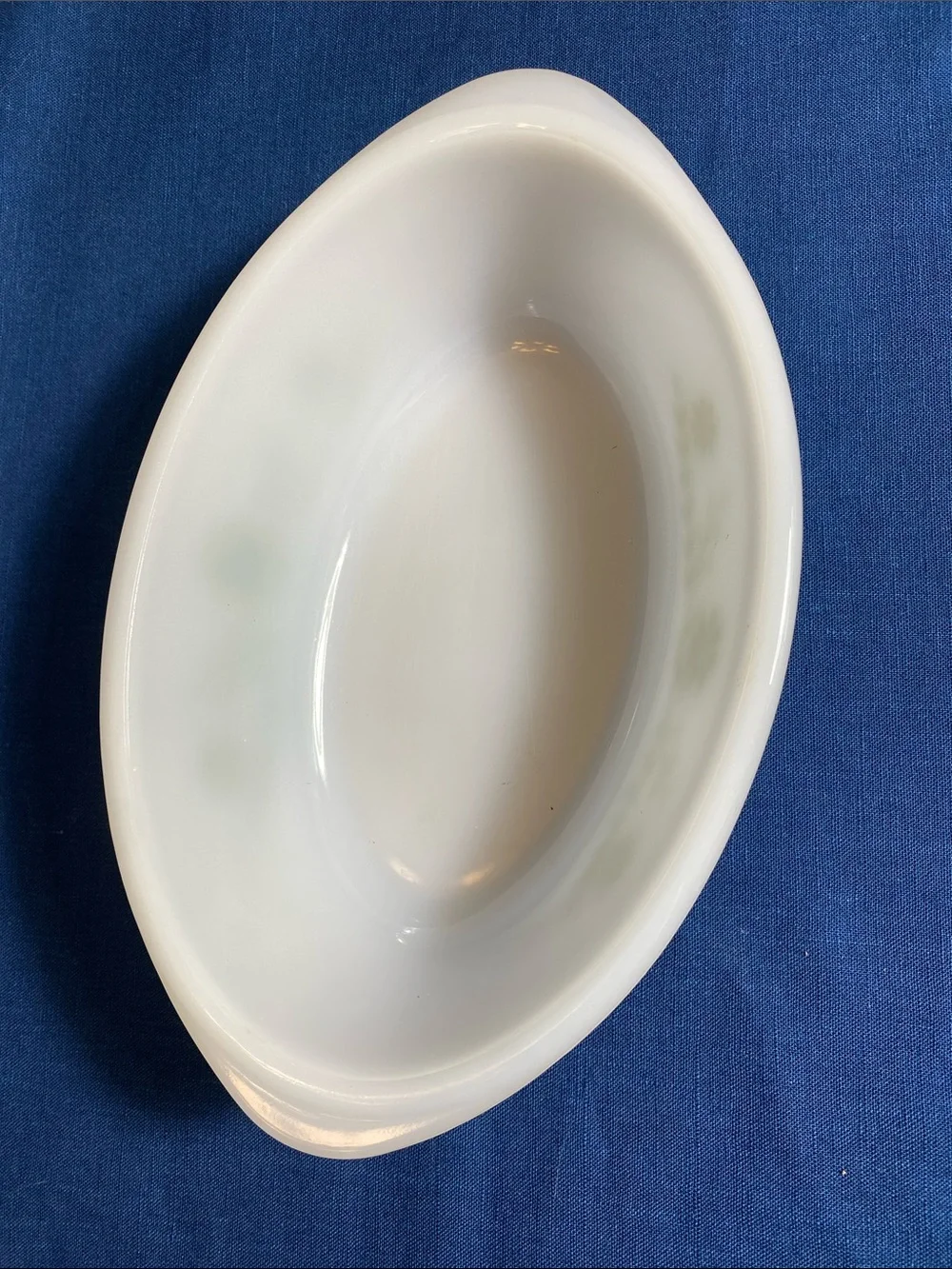 Glasbake Milk Glass Oval 1 quart Casserole Dish with Green Crazy Daisy Border